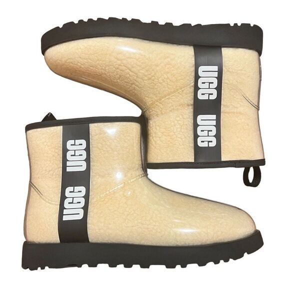 NWOT UGG Women's Beige Natural Black Classic Clear Faux Fur Lined Mini Boots Siz - Picture 1 of 5